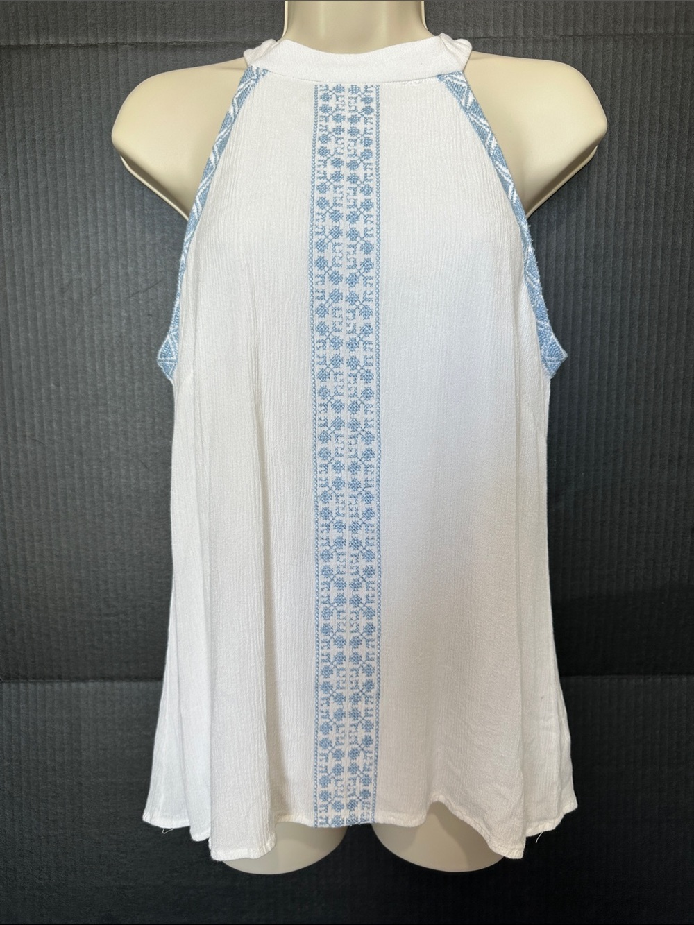 Cato White Halter Tank with Light Blue Embroidered Center Stripe
